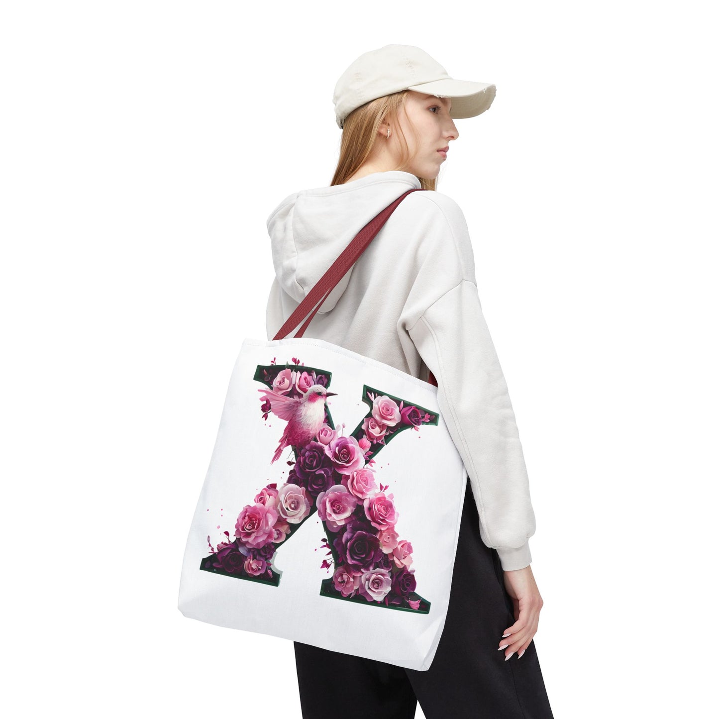 Floral Alphabet 'X' Tote Bag with Pink and Purple Flower and Bird Design