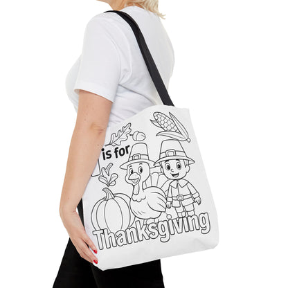 T is for Thanksgiving Coloring Page Tote Bag - Colorful Pilgrims and Turkey Design, AOP, Ideal for Holiday Gatherings, Gifts, and Crafts