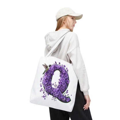 Floral Alphabet 'Q' Tote Bag - Hummingbird and Purple Flower Nature-Inspired Design