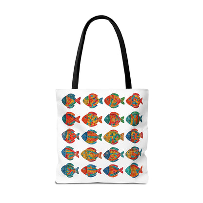 Colorful Mosaic Fish Print Tote Bag, Reusable Grocery Bag, Summer Beach Accessory, Marine Life Gift, Unique Art Bag