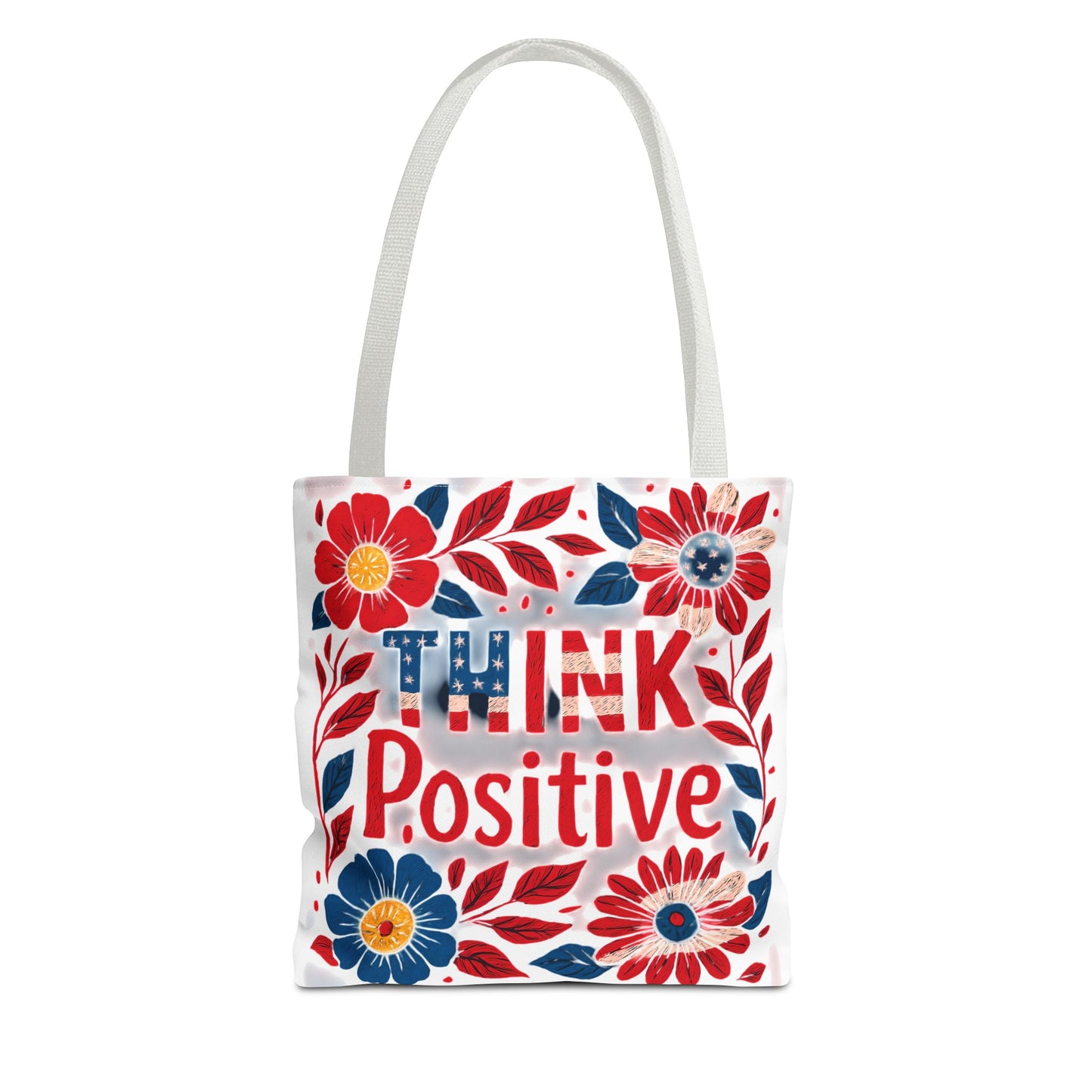 Red White and Blue Think Positive Tote Bag - Patriotic Embroidery Style Carryall, Great for Gifts, Shopping, Beach Days, Day Trips