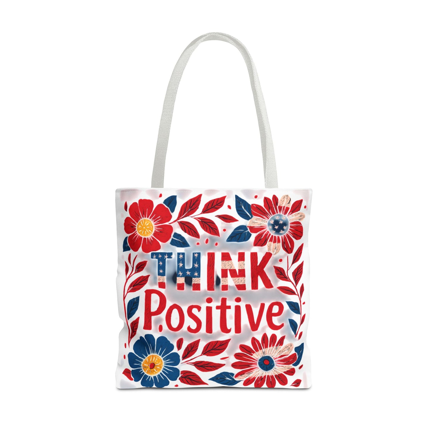 Red White and Blue Think Positive Tote Bag - Patriotic Embroidery Style Carryall, Great for Gifts, Shopping, Beach Days, Day Trips