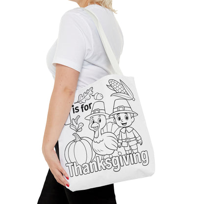 T is for Thanksgiving Coloring Page Tote Bag - Colorful Pilgrims and Turkey Design, AOP, Ideal for Holiday Gatherings, Gifts, and Crafts