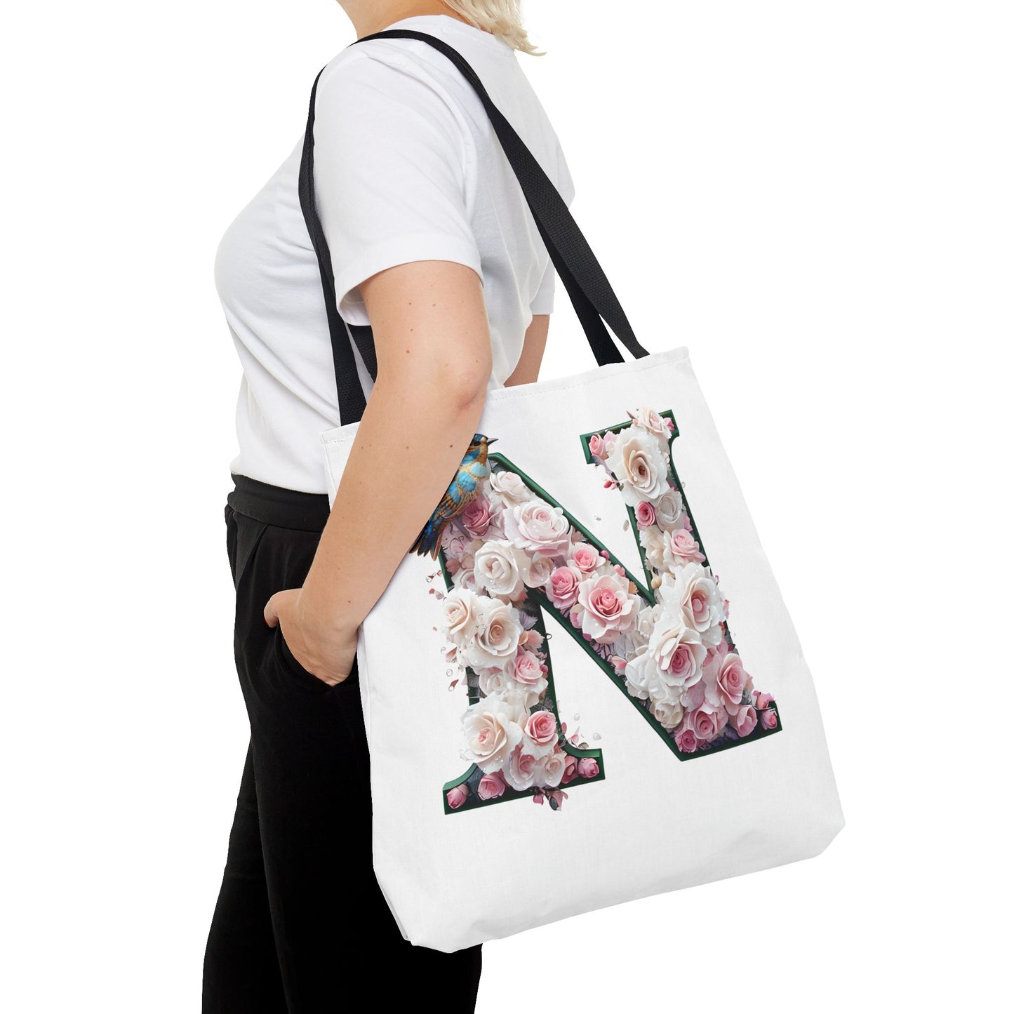Floral Alphabet 'N' Tote Bag - Chic Shopper Accessory with Flower and Bird Design