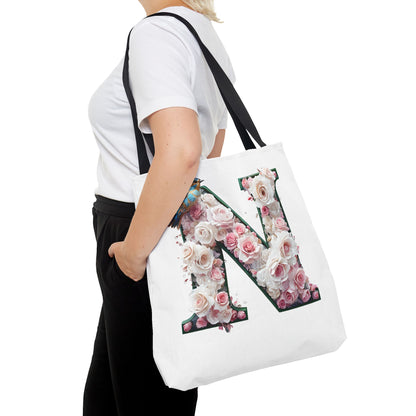 Floral Alphabet 'N' Tote Bag - Chic Shopper Accessory with Flower and Bird Design