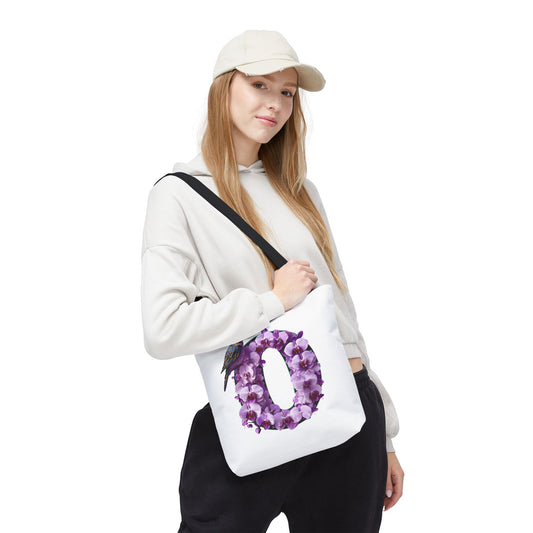 Floral Alphabet 'O' Tote Bag with Bird and Purple Flowers