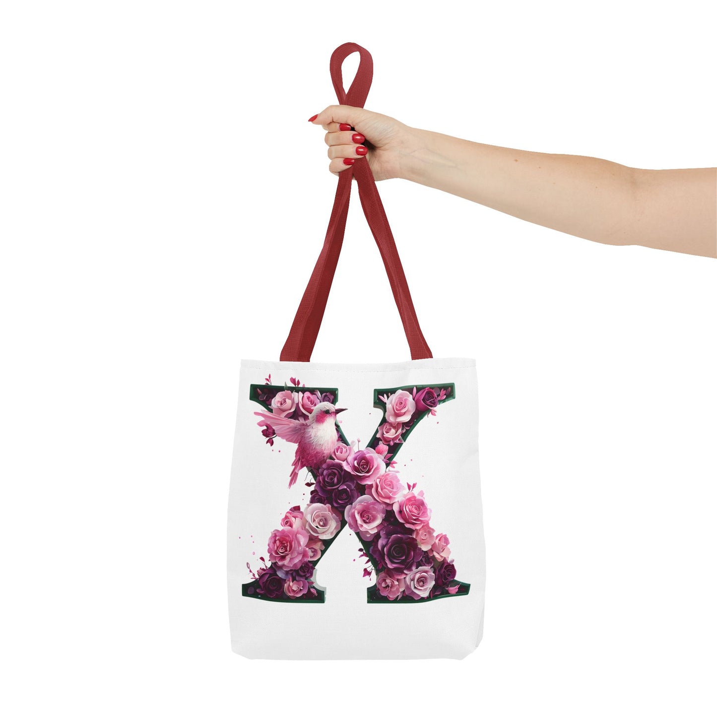 Floral Alphabet 'X' Tote Bag with Pink and Purple Flower and Bird Design