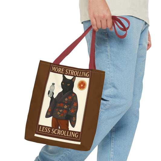 More Strolling Less Scrolling Cat Tote Bag – Cute Black Cat Design for Cat Lovers