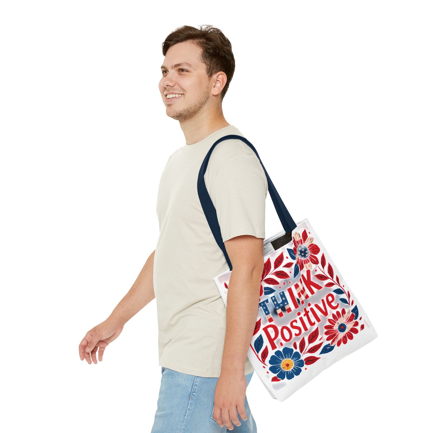 Red White and Blue Think Positive Tote Bag - Patriotic Embroidery Style Carryall, Great for Gifts, Shopping, Beach Days, Day Trips