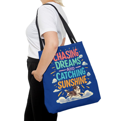 Chasing Dreams Tote Bag, Inspirational Tote, Dog Lover Gift, Eco-Friendly Shopper, Motivational Bag, Bright Blue Design