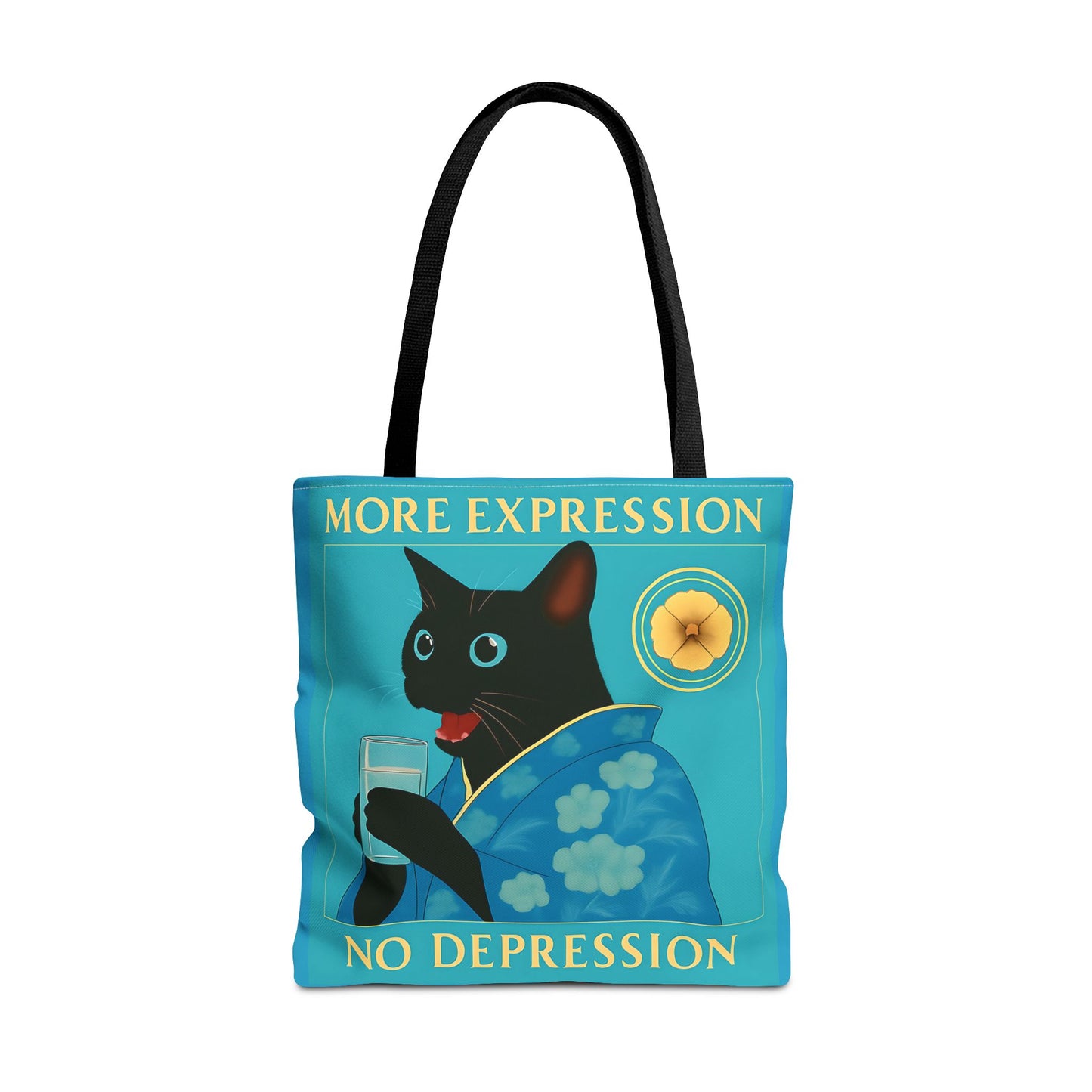 Motivational Chinoiserie Black Cat Tote Bag - More Expression No Depression