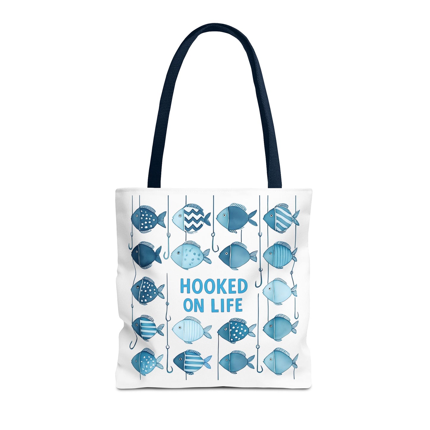 Fish-Themed Tote Bag, Hooked on Life Shopping Bag, Aqua Fishing Tote, Gift for Fisherman, Eco-Friendly Reusable Beach Bag