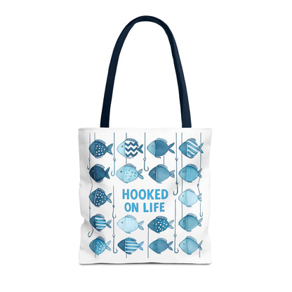 Fish-Themed Tote Bag, Hooked on Life Shopping Bag, Aqua Fishing Tote, Gift for Fisherman, Eco-Friendly Reusable Beach Bag