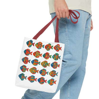 Colorful Mosaic Fish Print Tote Bag, Reusable Grocery Bag, Summer Beach Accessory, Marine Life Gift, Unique Art Bag