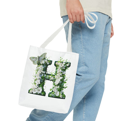 Floral Alphabet 'H'  Tote Bag - Green and White Gift for Nature Lovers