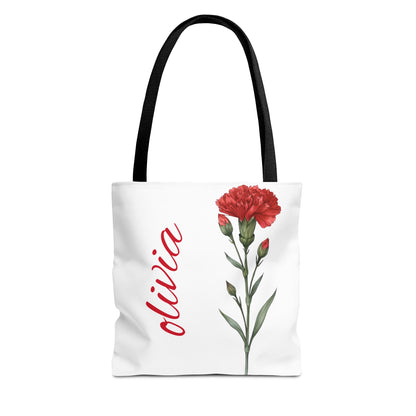 Personalized January Carnation Birth Month Flower Tote Bag, Custom Name Tote, Eco-Friendly Grocery Shopping Bag, Gift for Her