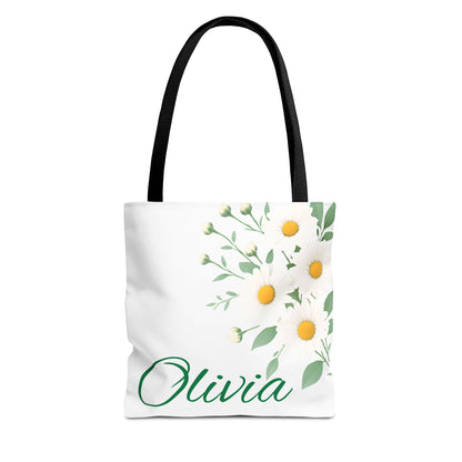 Personalized April Daisy Tote Bag, Custom Name Gift For Her, Birth Month Flower Design, Eco-Friendly Grocery Shopping Bag
