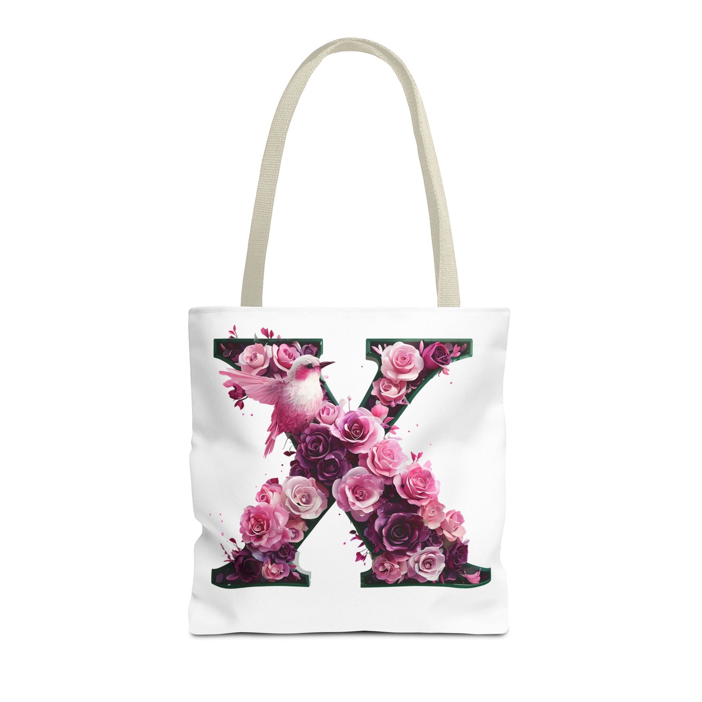 Floral Alphabet 'X' Tote Bag with Pink and Purple Flower and Bird Design