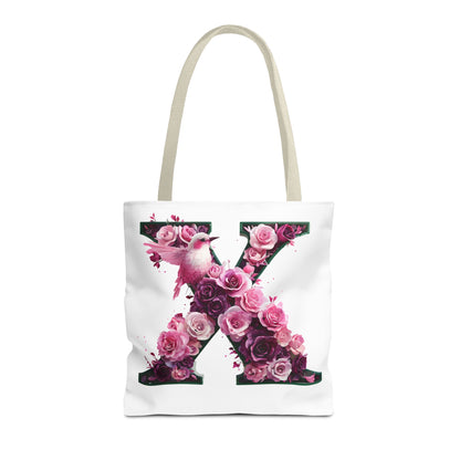Floral Alphabet 'X' Tote Bag with Pink and Purple Flower and Bird Design