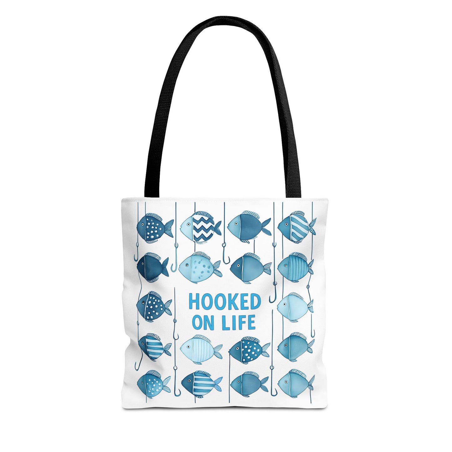 Fish-Themed Tote Bag, Hooked on Life Shopping Bag, Aqua Fishing Tote, Gift for Fisherman, Eco-Friendly Reusable Beach Bag