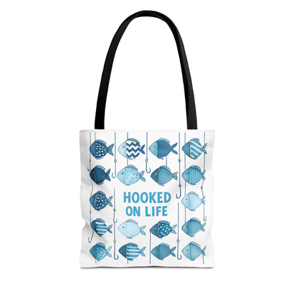 Fish-Themed Tote Bag, Hooked on Life Shopping Bag, Aqua Fishing Tote, Gift for Fisherman, Eco-Friendly Reusable Beach Bag