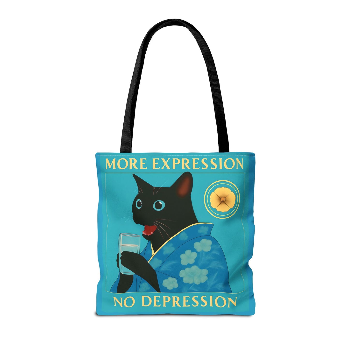Motivational Chinoiserie Black Cat Tote Bag - More Expression No Depression