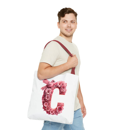 Floral Alphabet C' Tote Bag - Pink Bird Floral Design for Shopping, Work and Beach