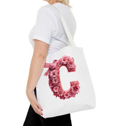 Floral Alphabet C' Tote Bag - Pink Bird Floral Design for Shopping, Work and Beach