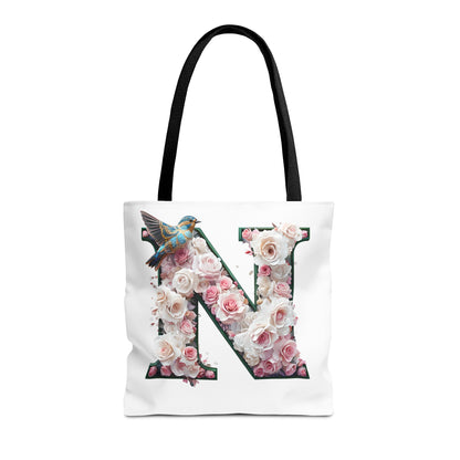 Floral Alphabet 'N' Tote Bag - Chic Shopper Accessory with Flower and Bird Design