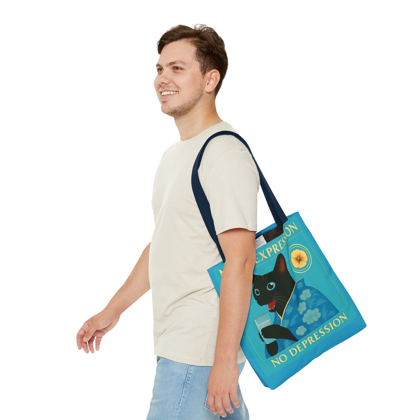 Motivational Chinoiserie Black Cat Tote Bag - More Expression No Depression