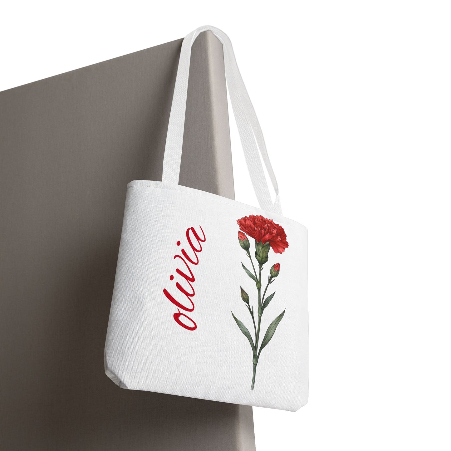 Personalized January Carnation Birth Month Flower Tote Bag, Custom Name Tote, Eco-Friendly Grocery Shopping Bag, Gift for Her