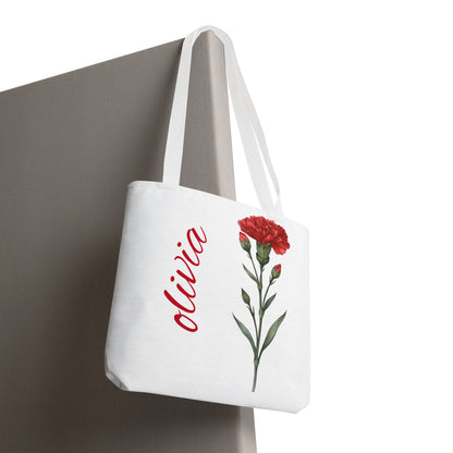 Personalized January Carnation Birth Month Flower Tote Bag, Custom Name Tote, Eco-Friendly Grocery Shopping Bag, Gift for Her