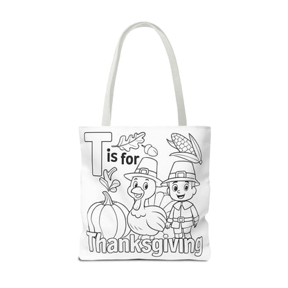 T is for Thanksgiving Coloring Page Tote Bag - Colorful Pilgrims and Turkey Design, AOP, Ideal for Holiday Gatherings, Gifts, and Crafts