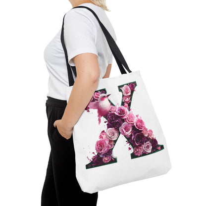 Floral Alphabet 'X' Tote Bag with Pink and Purple Flower and Bird Design