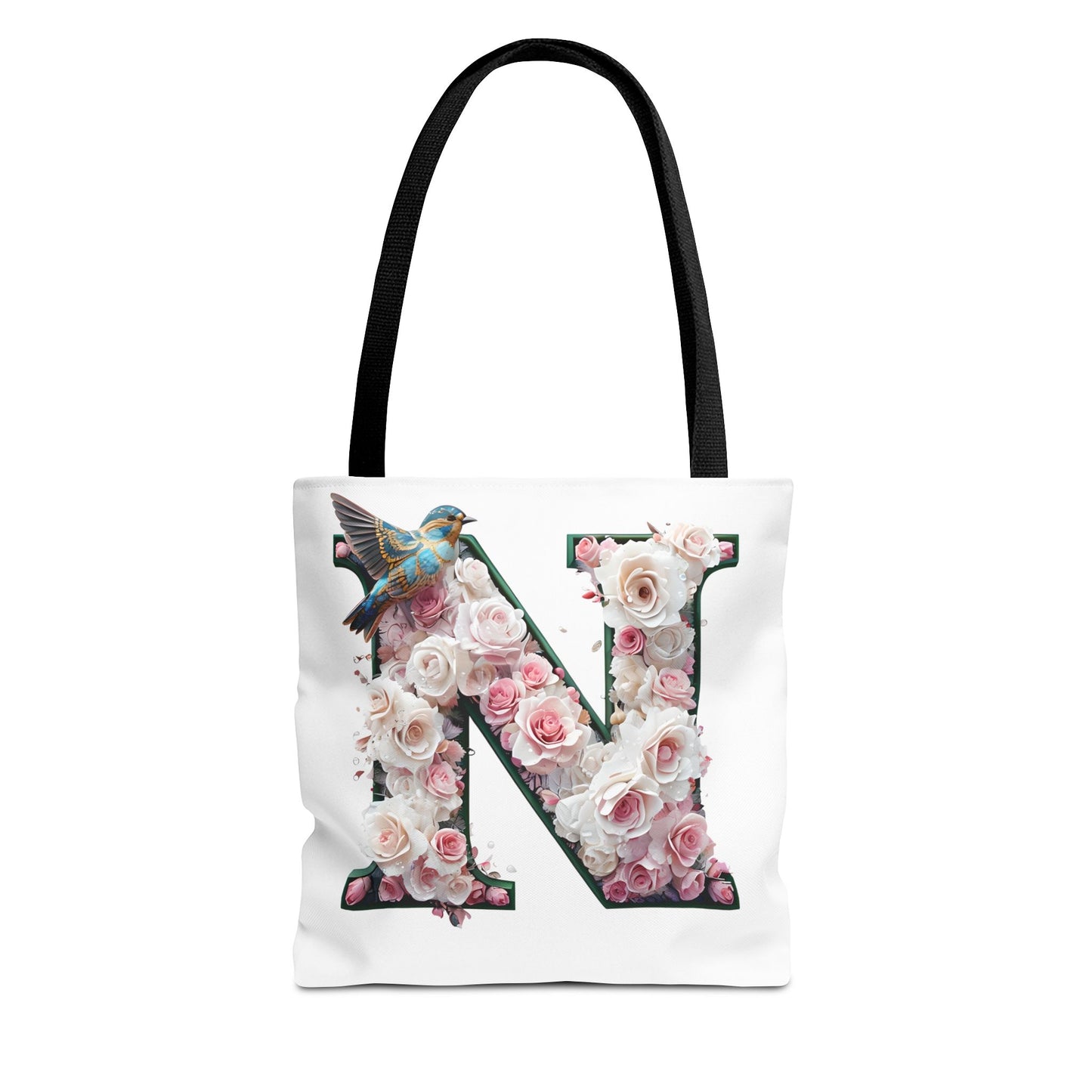 Floral Alphabet 'N' Tote Bag - Chic Shopper Accessory with Flower and Bird Design