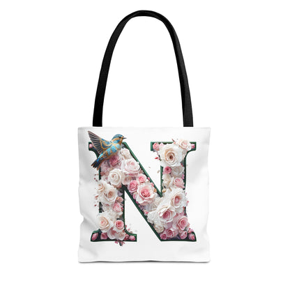 Floral Alphabet 'N' Tote Bag - Chic Shopper Accessory with Flower and Bird Design