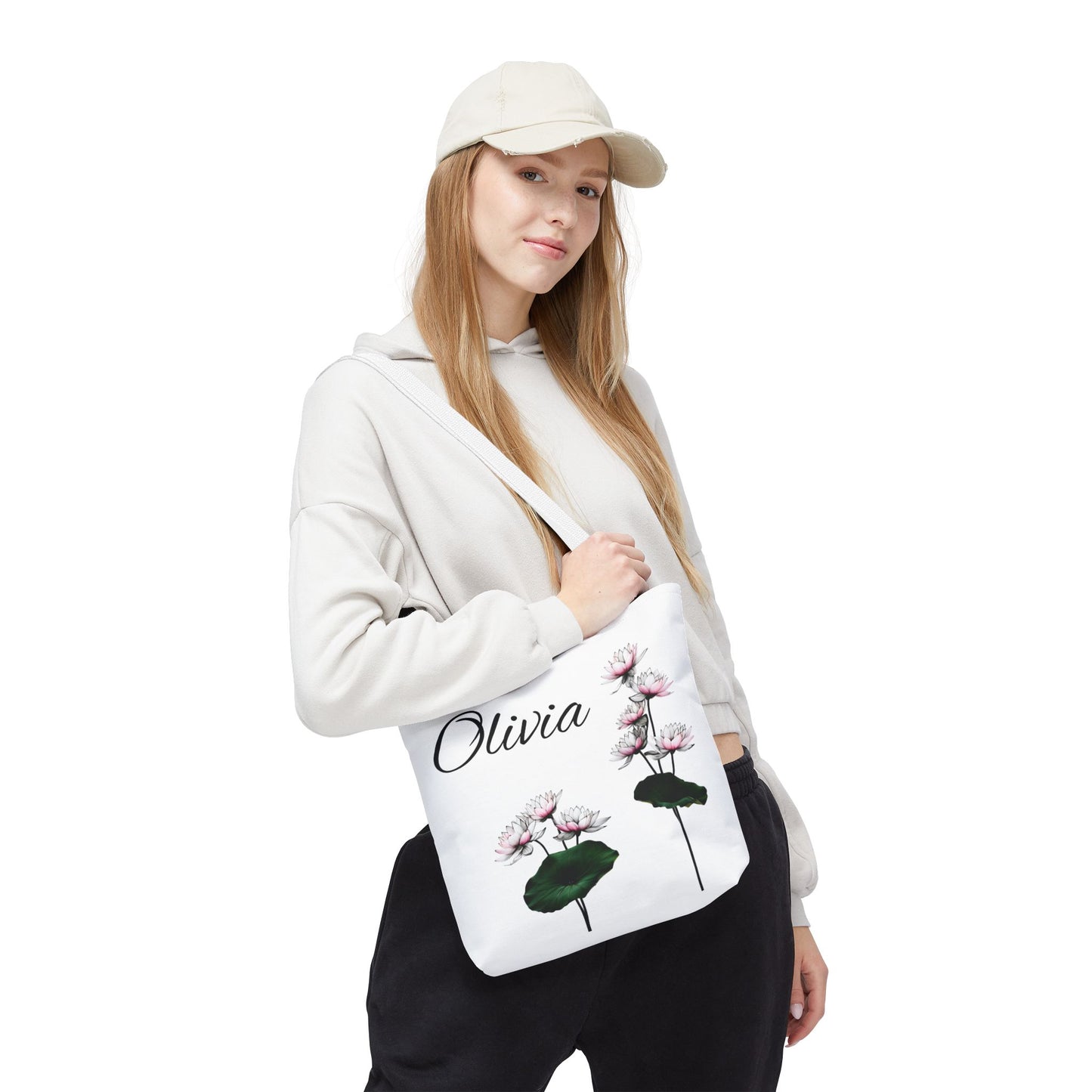 Personalized Water Lily Tote Bag, Eco-Friendly Reusable Shopping Bag, Custom Name Bag for July Birth Month Flower