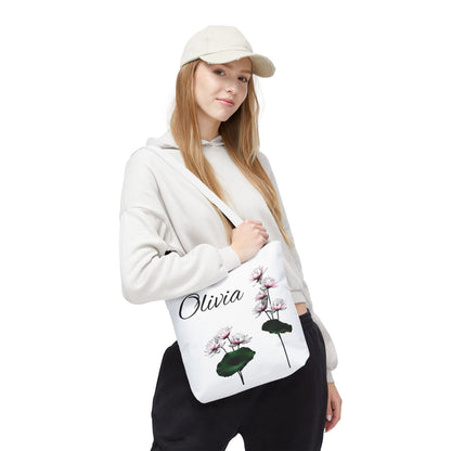 Personalized Water Lily Tote Bag, Eco-Friendly Reusable Shopping Bag, Custom Name Bag for July Birth Month Flower