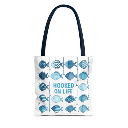 Fish-Themed Tote Bag, Hooked on Life Shopping Bag, Aqua Fishing Tote, Gift for Fisherman, Eco-Friendly Reusable Beach Bag
