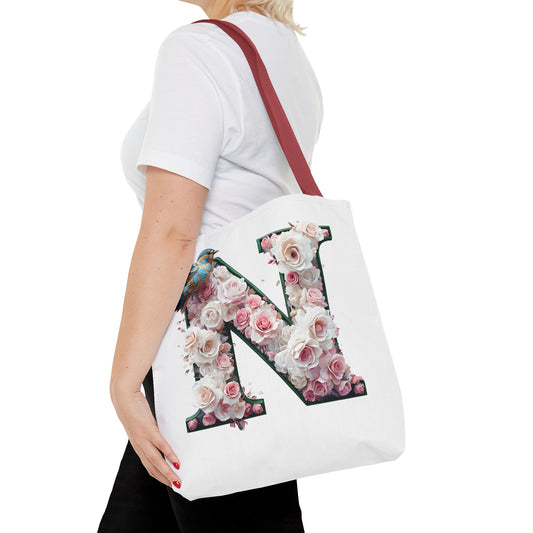 Floral Alphabet 'N' Tote Bag - Chic Shopper Accessory with Flower and Bird Design