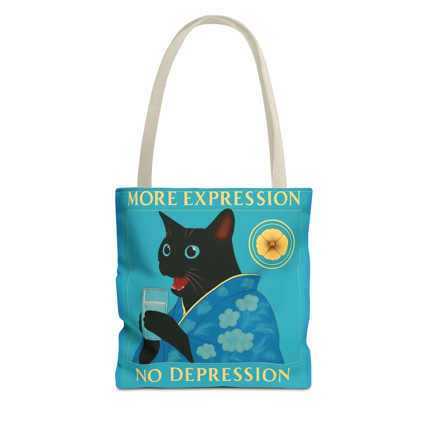 Motivational Chinoiserie Black Cat Tote Bag - More Expression No Depression