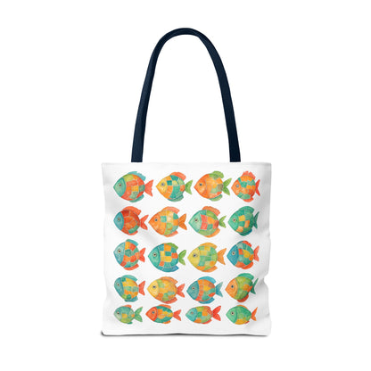 Colorful Mosaic Fish Print Tote Bag, Reusable Grocery Bag, Summer Travel Accessory, Gift for Ocean Lovers
