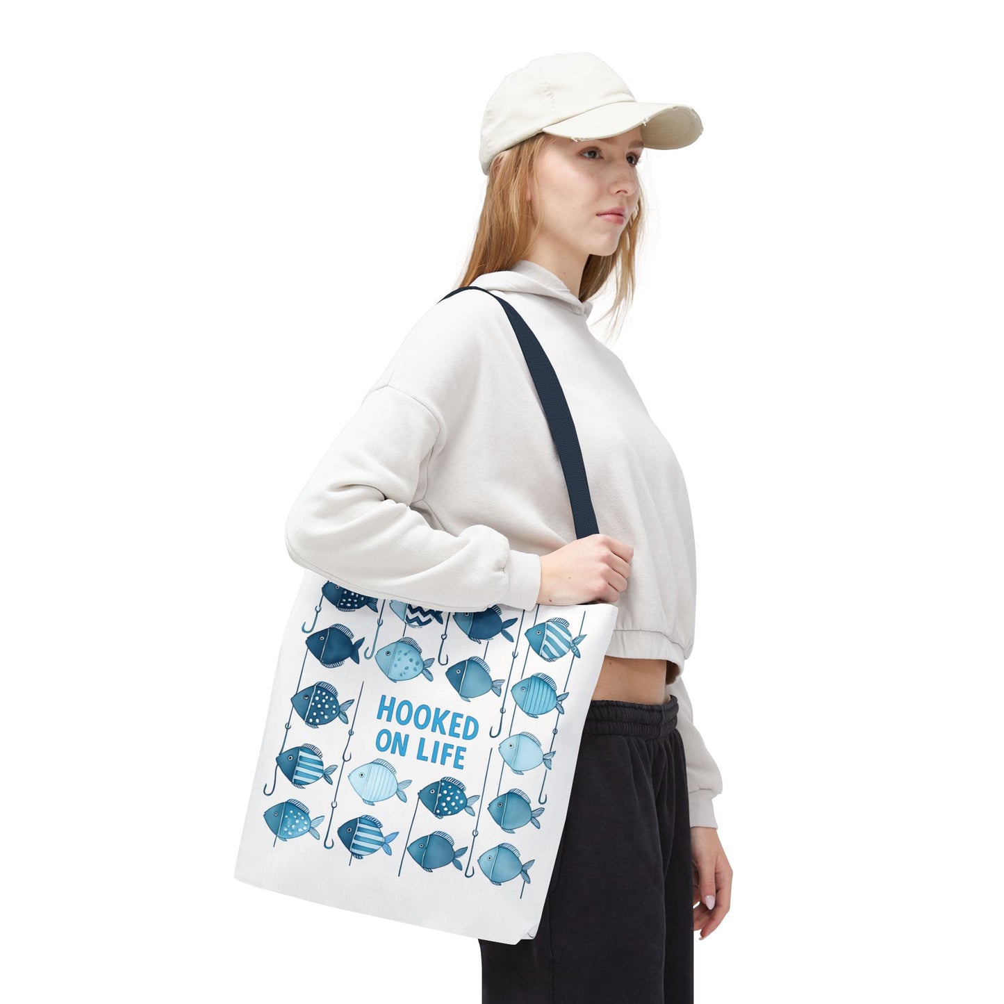 Fish-Themed Tote Bag, Hooked on Life Shopping Bag, Aqua Fishing Tote, Gift for Fisherman, Eco-Friendly Reusable Beach Bag