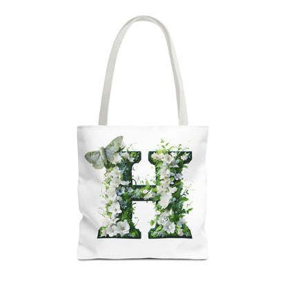 Floral Alphabet 'H'  Tote Bag - Green and White Gift for Nature Lovers