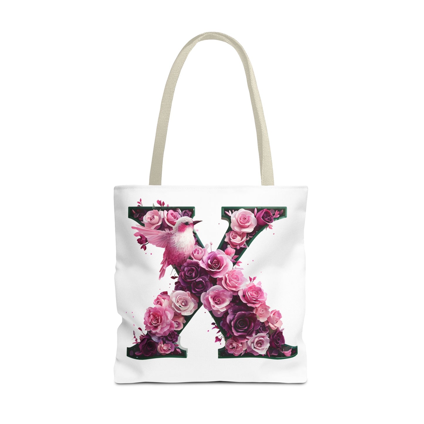 Floral Alphabet 'X' Tote Bag with Pink and Purple Flower and Bird Design