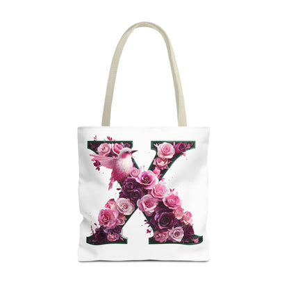 Floral Alphabet 'X' Tote Bag with Pink and Purple Flower and Bird Design