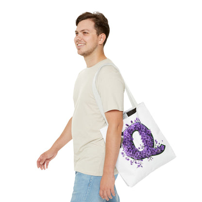 Floral Alphabet 'Q' Tote Bag - Hummingbird and Purple Flower Nature-Inspired Design