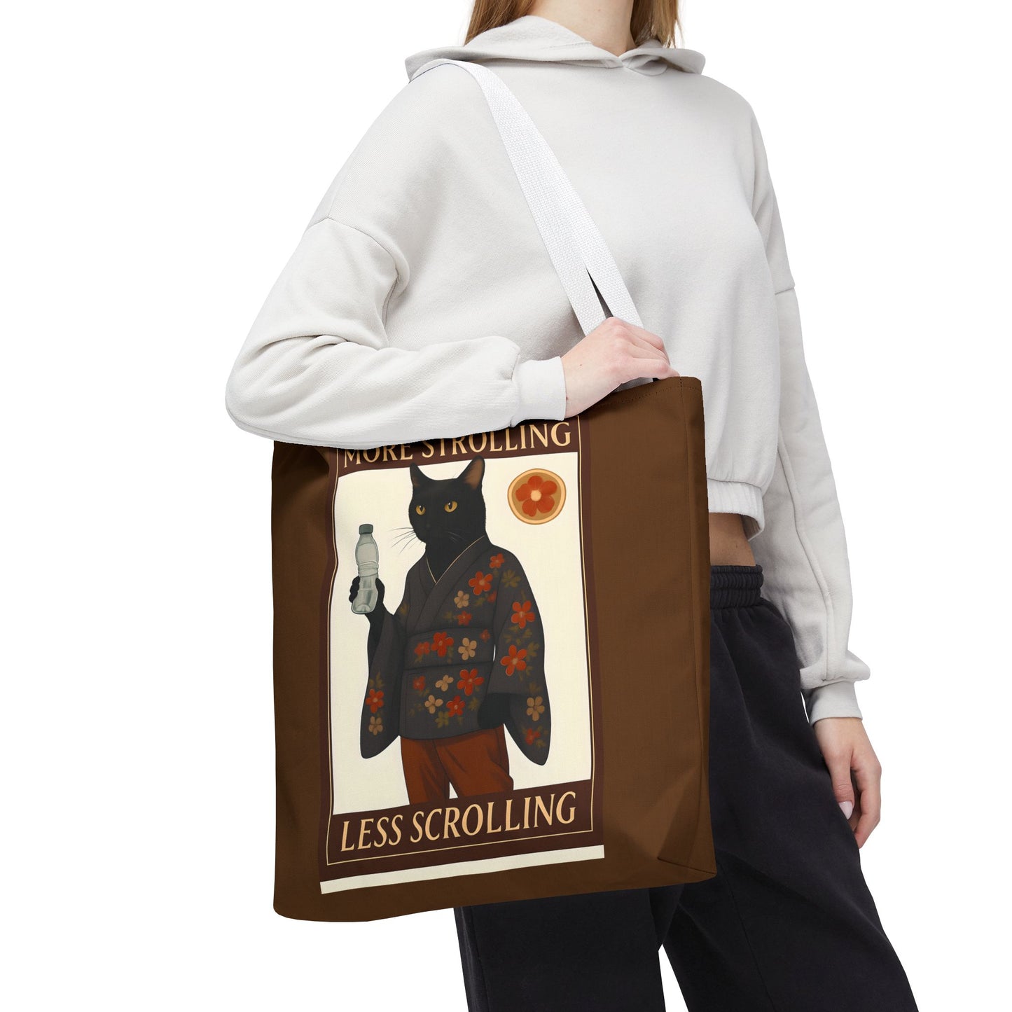 More Strolling Less Scrolling Cat Tote Bag – Cute Black Cat Design for Cat Lovers