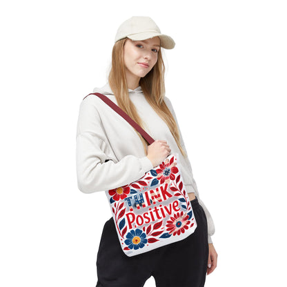 Red White and Blue Think Positive Tote Bag - Patriotic Embroidery Style Carryall, Great for Gifts, Shopping, Beach Days, Day Trips