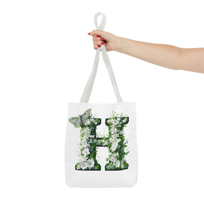 Floral Alphabet 'H'  Tote Bag - Green and White Gift for Nature Lovers